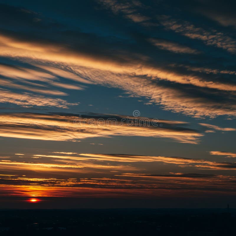 Dramatic sunset with a dark blue sky interspersed with streaks of warm golden royalty free illustration