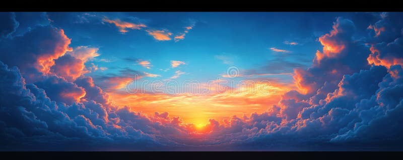Dramatic sunset sky with colorful clouds. Beautiful sunset colors blend with deep blue clouds. Captivating view of sky at golden royalty free illustration