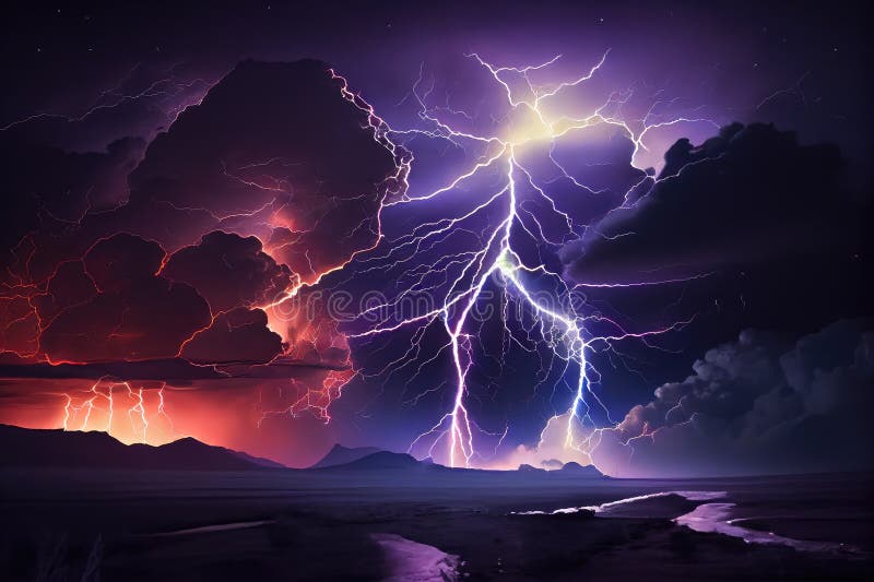 Dramatic Thunderstorm at Night, with Lightning Bolts Illuminating the Sky Stock Illustration