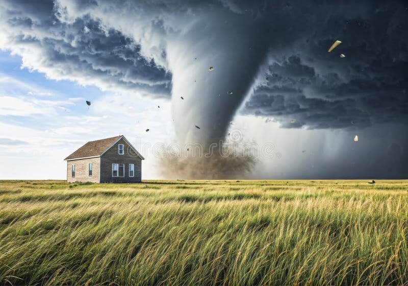 Dramatic tornado approaching house in open field: natural disaster stock photo royalty free stock photos