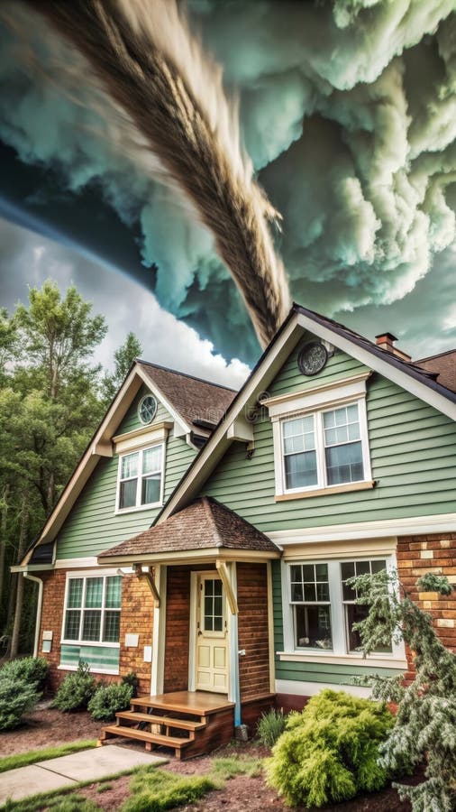 Dramatic tornado approaching suburban house under ominous sky stock photos