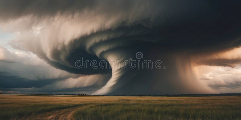 Dramatic tornado cloud swirling ominously over a vast countryside field. royalty free stock images
