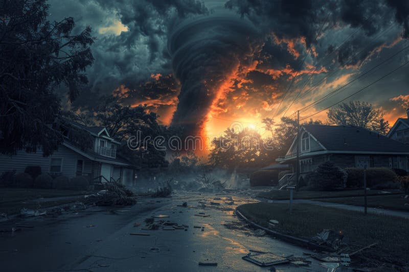 Dramatic Tornado Destruction Scene in Suburban Neighborhood at Sunset stock images