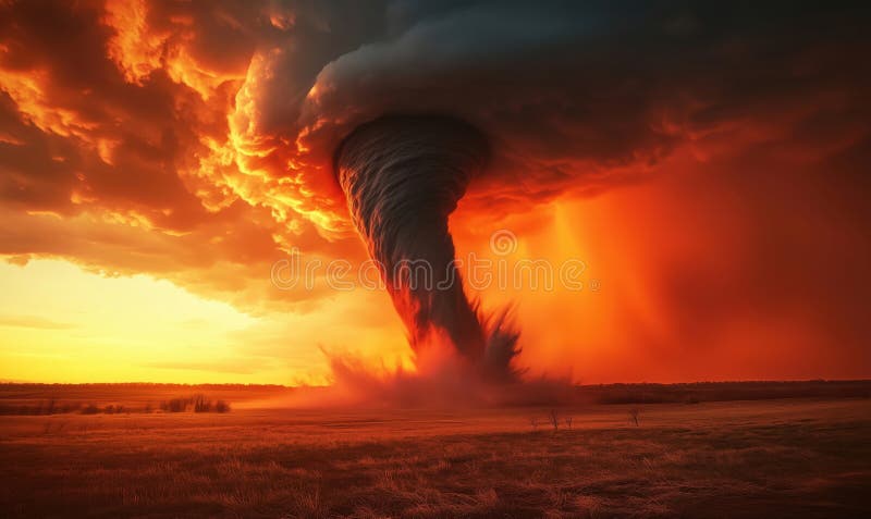 Dramatic tornado formation at sunset with vibrant orange and dark storm clouds stock images