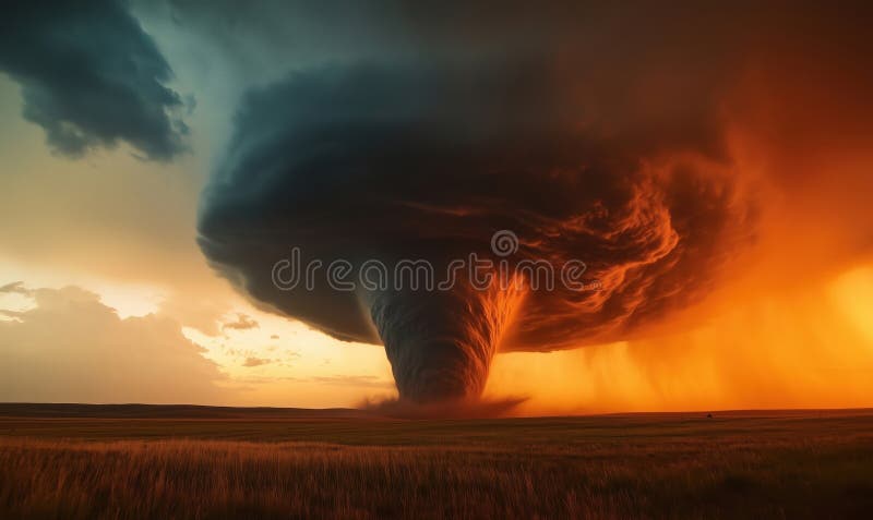 Dramatic tornado formation with vibrant sunset colors and swirling clouds stock image