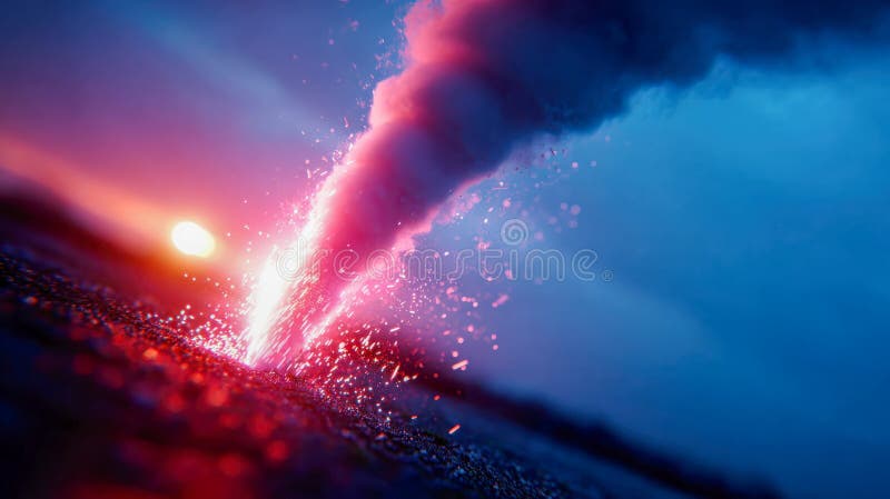 Dramatic tornado funnel forming near the ground with glowing storm light and dust royalty free stock photography