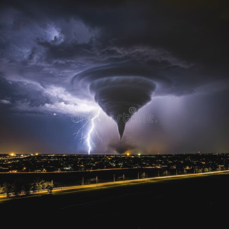 Dramatic tornado and lightning over city skyline at night royalty free stock photos