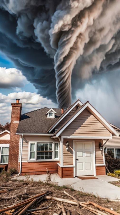 Dramatic tornado looms over suburban house under threatening skies royalty free stock images