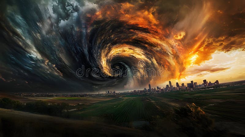 Dramatic tornado over city at sunset with intense whirling clouds stock images