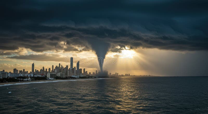 Dramatic tornado over coastal cityscape at sunset with dark clouds royalty free stock image