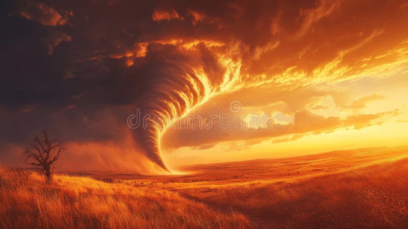 Dramatic tornado over golden field at sunset, majestic storm concept stock photography