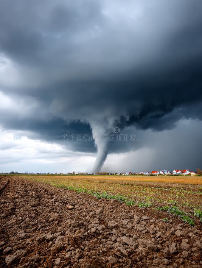 Dramatic tornado over a rural field with dark clouds above. stock image