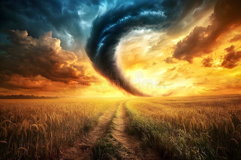 Dramatic tornado swirling over wheat field at sunset royalty free stock photo