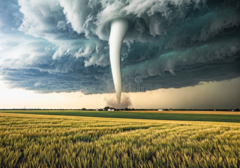 Dramatic tornado touchdown in open field under rolling storm clouds royalty free stock photography