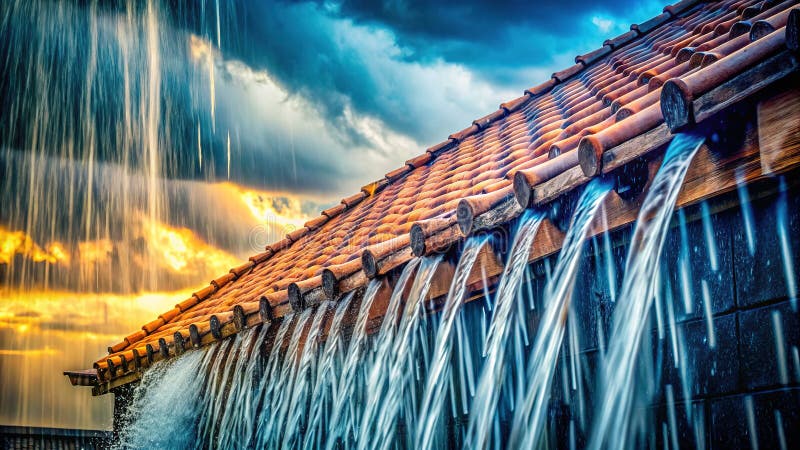 Dramatic Urban Storm Heavy Rain Cascades Down a Rooftop Illuminating City Architecture with Forcstrong Power royaltyfri illustrationer