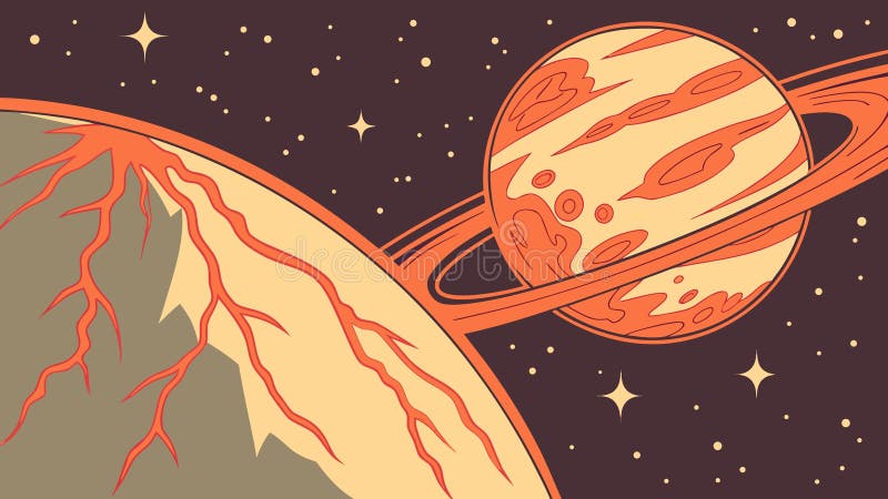 Volcanic Alien Planet with Ring System and Moons Vector, vector design Generative AI royalty free illustration