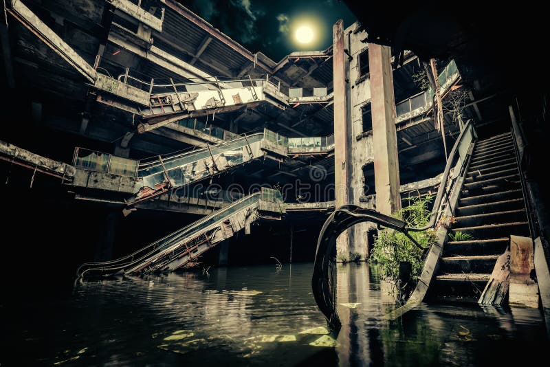 Dramatic view of damaged escalators in abandoned building. Full moon shining on cloudy night sky through collapsed roof. Apocalyptic and evil concept. Dramatic view of damaged escalators in abandoned building. Full moon shining on cloudy night sky through collapsed roof. Apocalyptic and evil concept