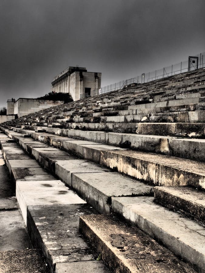 Dramatic view of the defunct main tribune of the former Nazi Party rally grounds called Zeppelin field, Nuremberg, Germany 2015