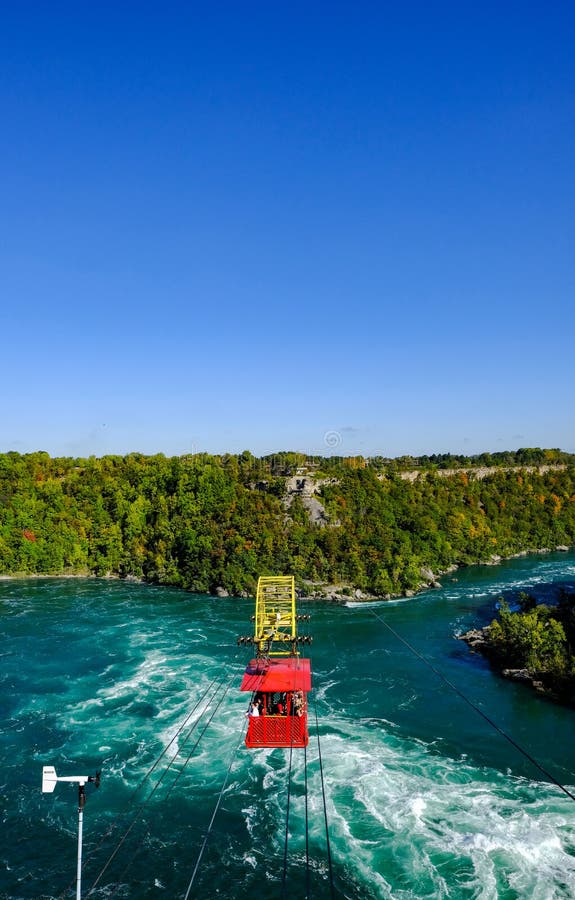 Dramatic view of the famous Niagara falls outlet, showing a cable car.