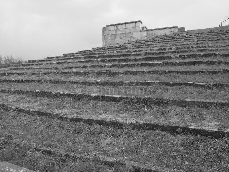 Nuremberg, Germany - 2015, April 2: Dramatic view up the spectator steps surrounding the former Nazi Party rally grounds in black and white