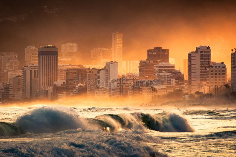 Dramatic View of Waves in Ocean, by Sunset in Ipanema Beach