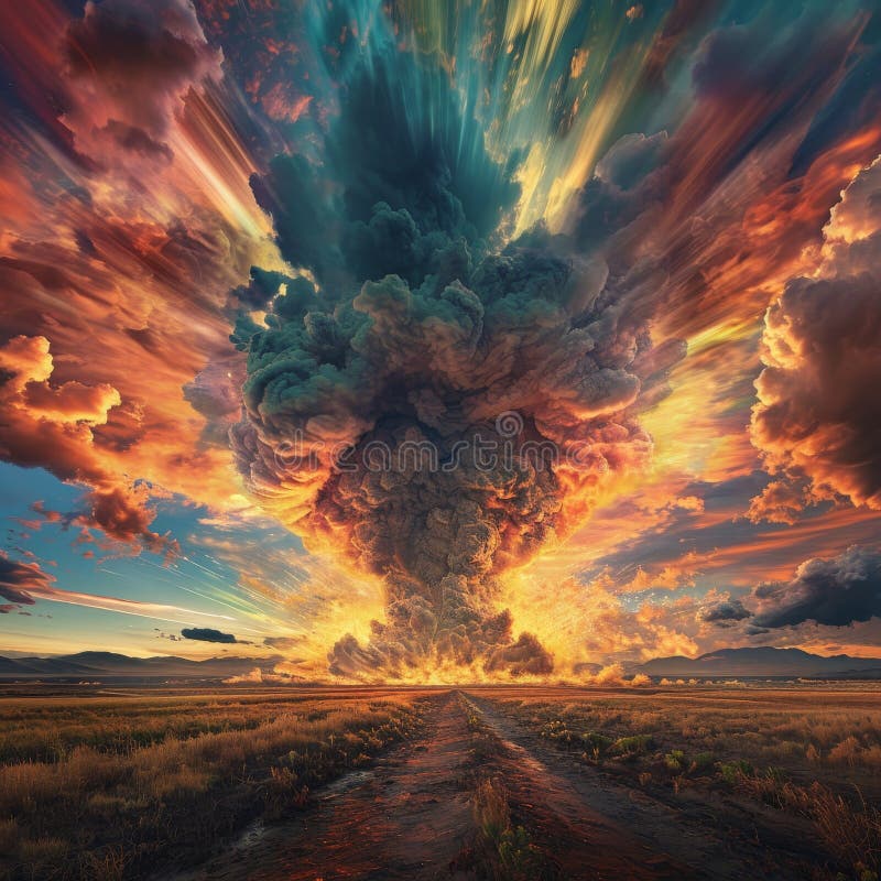 Dramatic Volcanic Eruption with Explosive Sky at Sunset Stock Illustration Illustration of