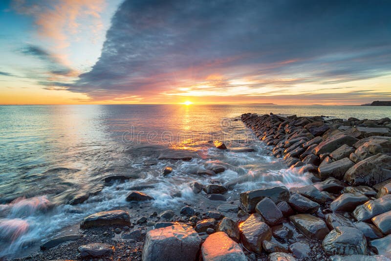 Dramatic winter sunset at Kimmeridge Bay