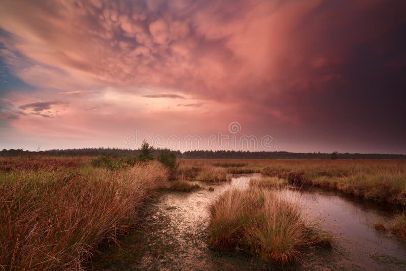 Dramatische stormachtige zonsondergang met mammatuswolken royalty-vrije stock foto Dramatische stormachtige zonsondergang met mammatuswolken royalty-vrije stock foto