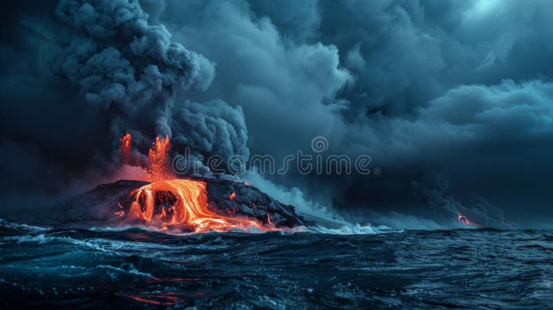 Dramatische Vulkanausbrüche in der Nähe des Ozeans mit flüssiger Lava und dicker Rauch unter einem stürmischen Himmel. Begriff stockfotografie