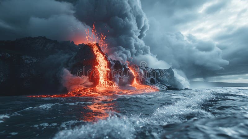 Dramatische Vulkanausbrüche in der Nähe des Ozeans mit flüssiger Lava und dicker Rauch unter einem stürmischen Himmel. Begriff stockfotos