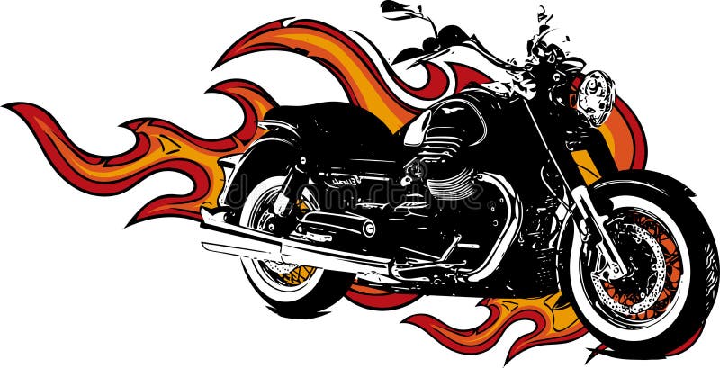 Dramatisk brinnande motorcykel som överväldigas i våldsamma brännheta apelsinflammor och exploderande gnistor för brand royaltyfri illustrationer Dramatisk brinnande motorcykel som överväldigas i våldsamma brännheta apelsinflammor och exploderande gnistor för brand royaltyfri illustrationer