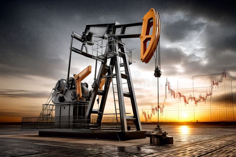 Dramatisk oljepumpjack vid solnedgång, med övertäckning av finansiella diagram som visar marknadstrender vektor illustrationer