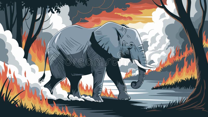 Dramatisk scen för en elefant som navigerar genom en skog som är uppslukad av lågor och rök som visar dess motståndskraft. stock illustrationer