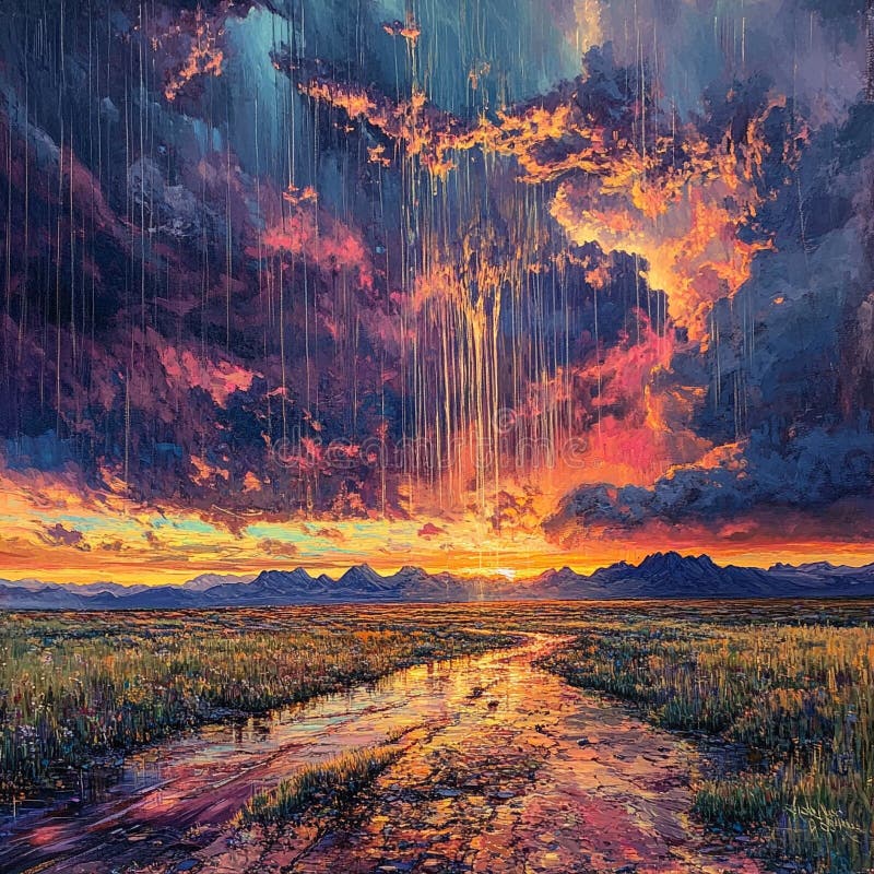 Dramatisk solnedgång över ett gräsligt landskap med vibrerande moln och regn stock illustrationer