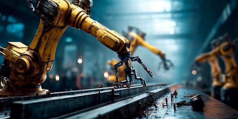 Dramatyczne roboty futurystyczne w przemysłowym środowisku obraz wysokiej rozdzielczości obraz stock