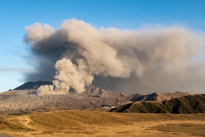 Dramatic view Mount Aso largest active volcano in Japan - 1592m. venting ashes before explosion. Date: 05/11/19. Kumamoto Prefecture, Kyushu, Japan. Dramatic view Mount Aso largest active volcano in Japan - 1592m. venting ashes before explosion. Date: 05/11/19. Kumamoto Prefecture, Kyushu, Japan.