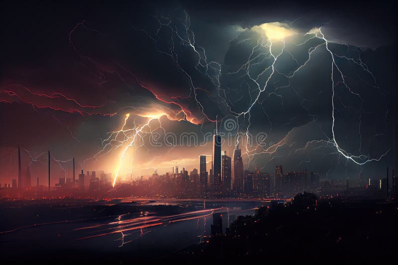 Dramtic Thunderstorm Over City Skyline, with Lightning and Rain Stock ...