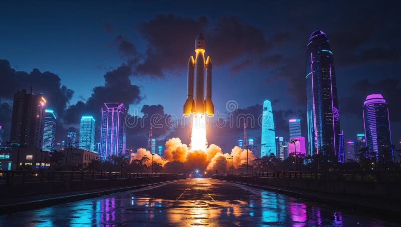 Dramático lanzamiento nocturno de un brillante cohete que se zarpa al cielo por encima de un horizonte urbano futurista que simbol imagenes de archivo