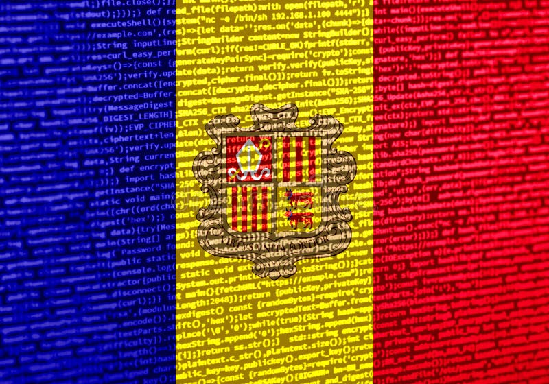 Drapeau d'Andorre sur le code numérique. Concept d'innovation en cybersécurité et d'infrastructure numérique en Andorre. Technolog photographie stock libre de droits