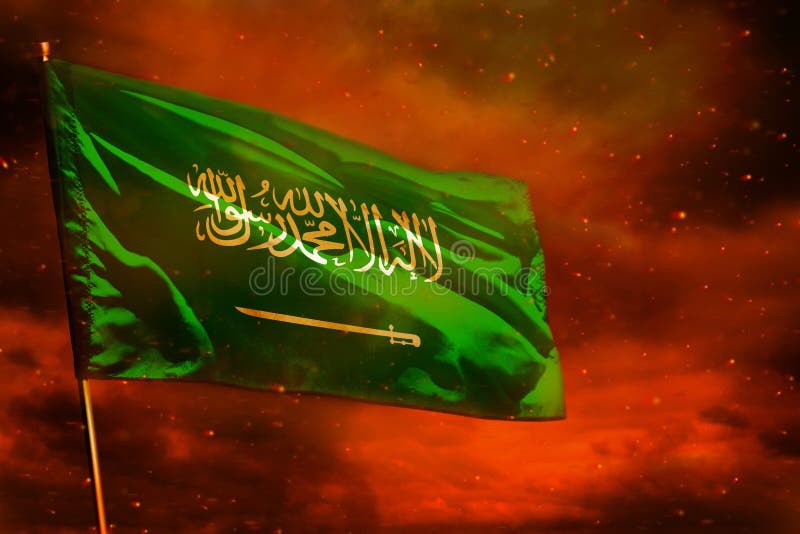 Drapeau de flottement de l'Arabie Saoudite sur le ciel de rouge cramoisi avec le fond de piliers de fumée Préoccupe le concept illustration stock Drapeau de flottement de l'Arabie Saoudite sur le ciel de rouge cramoisi avec le fond de piliers de fumée Préoccupe le concept illustration stock