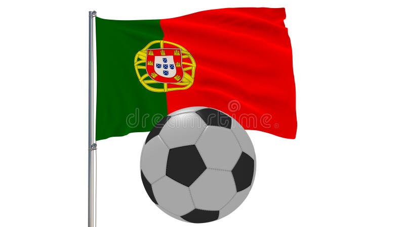 Drapeau de flottement réaliste du Portugal et du ballon de football volant autour sur un fond blanc, rendu 3d illustration stock Drapeau de flottement réaliste du Portugal et du ballon de football volant autour sur un fond blanc, rendu 3d illustration stock