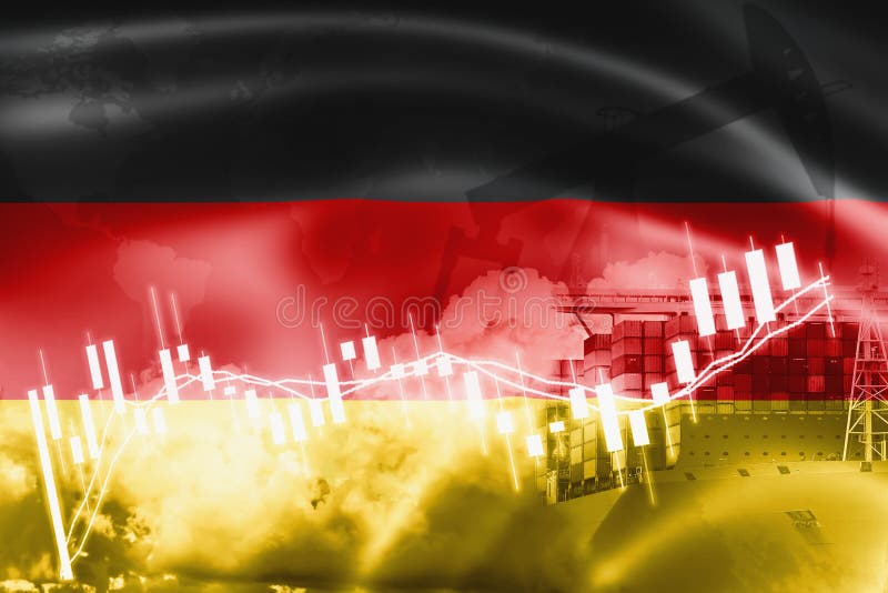 Germany flag, stock market, exchange economy and Trade, oil production, container ship in export and import business and logistics. Germany flag, stock market, exchange economy and Trade, oil production, container ship in export and import business and logistics