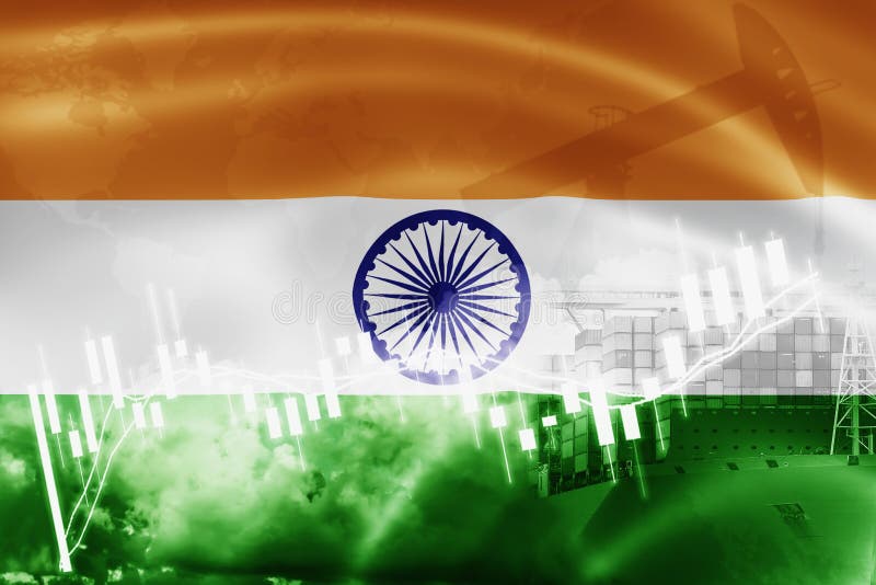 India flag, stock market, exchange economy and Trade, oil production, container ship in export and import business and logistics. India flag, stock market, exchange economy and Trade, oil production, container ship in export and import business and logistics