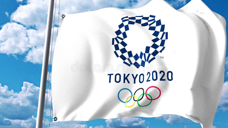 Drapeau de ondulation avec le logo de 2020 Jeux Olympiques d'été contre les nuages et le ciel Rendu 3D éditorial illustration libre de droits Drapeau de ondulation avec le logo de 2020 Jeux Olympiques d'été contre les nuages et le ciel Rendu 3D éditorial illustration libre de droits