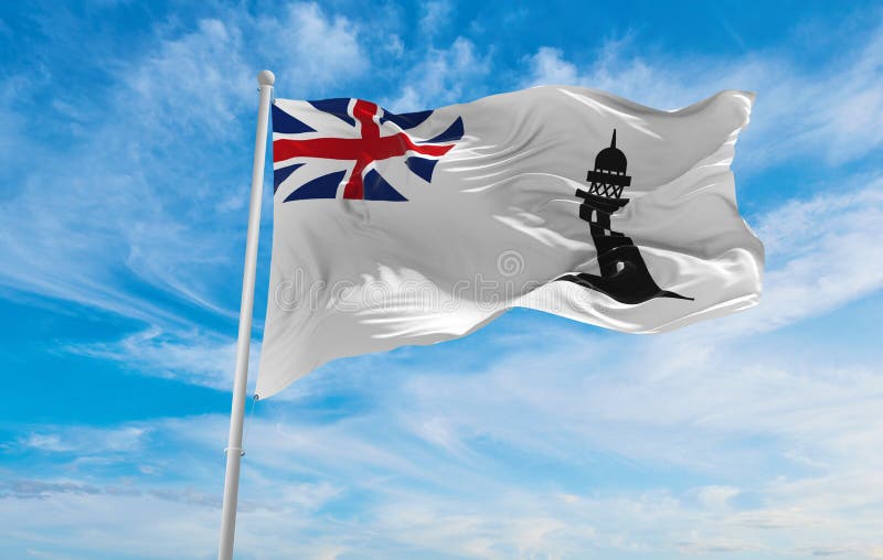 Drapeau des commissaires de la commission du phare du nord royaume-uni à ciel nuageux arrière-plan au coucher du soleil vue panora. Drapeau des commissaires du conseil des phares du nord royaume-uni à ciel nuageux fond au coucher du soleil. vue panoramique. royaume-uni. espace de copie pour l'illustration 3d de la bannière large