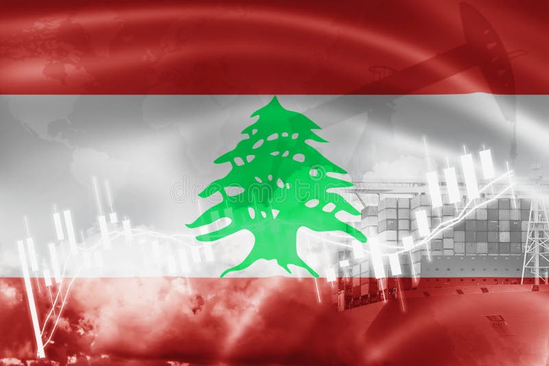Lebanon flag, stock market, exchange economy and Trade, oil production, container ship in export and import business and logistics. Lebanon flag, stock market, exchange economy and Trade, oil production, container ship in export and import business and logistics