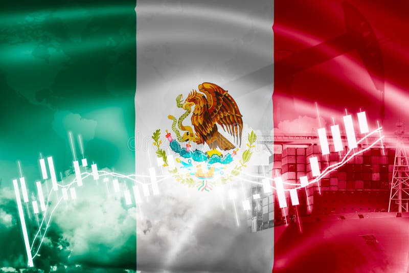 Mexico flag, stock market, exchange economy and Trade, oil production, container ship in export and import business and logistics. Mexico flag, stock market, exchange economy and Trade, oil production, container ship in export and import business and logistics