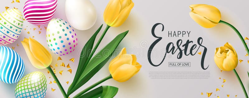 Drapeau heureux de Pâques Chasse à oeufs Beau fond avec les oeufs colorés, les tulipes jaunes et la serpentine d'or Vecteur