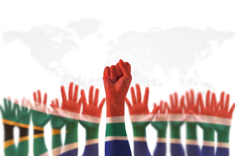 South Africa national flag on leader`s fist hands clipping path for human rights, leadership, reconciliation concept. South Africa national flag on leader`s fist hands clipping path for human rights, leadership, reconciliation concept.