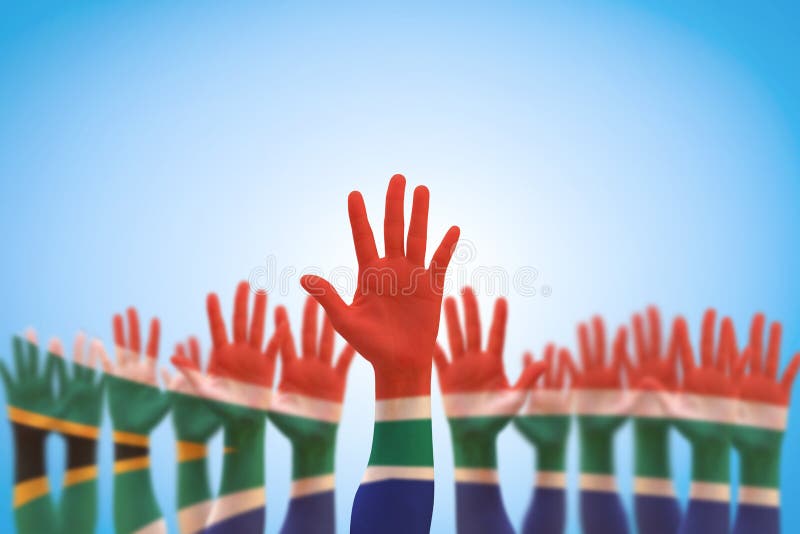 South Africa national flag on people’s hands raising up isolated with clipping path for human rights, leadership, reconciliation concept. South Africa national flag on people’s hands raising up isolated with clipping path for human rights, leadership, reconciliation concept.